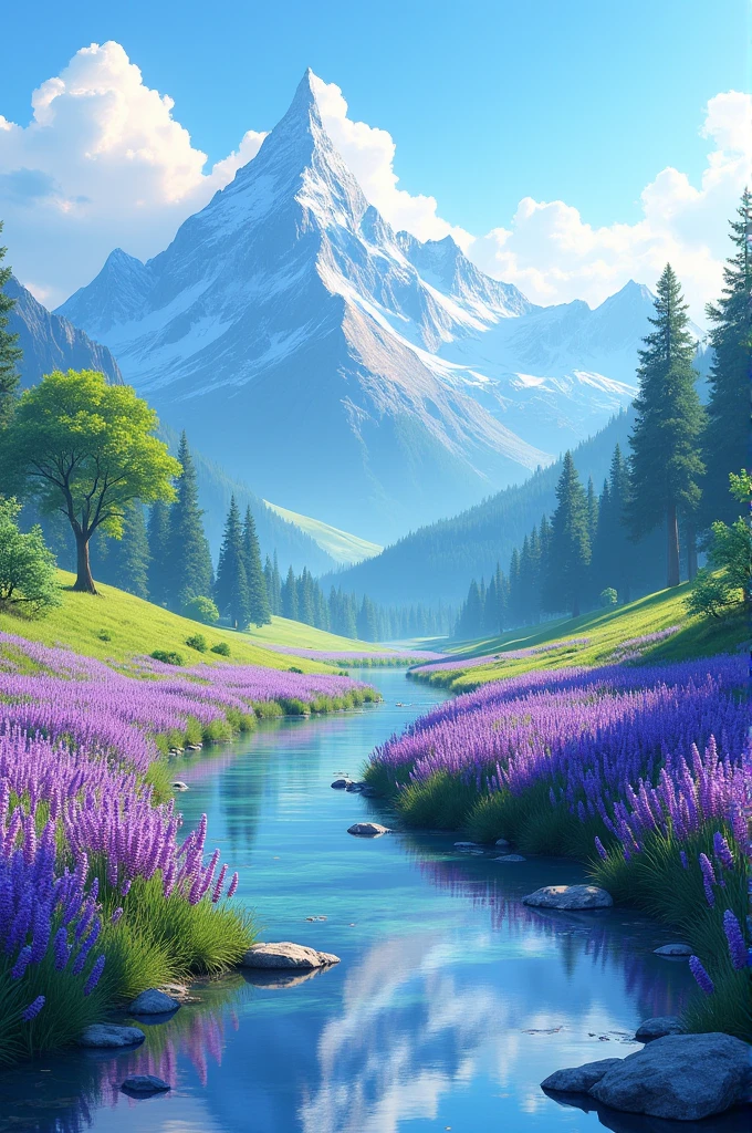 Mountains with small water stream with lavender flowers