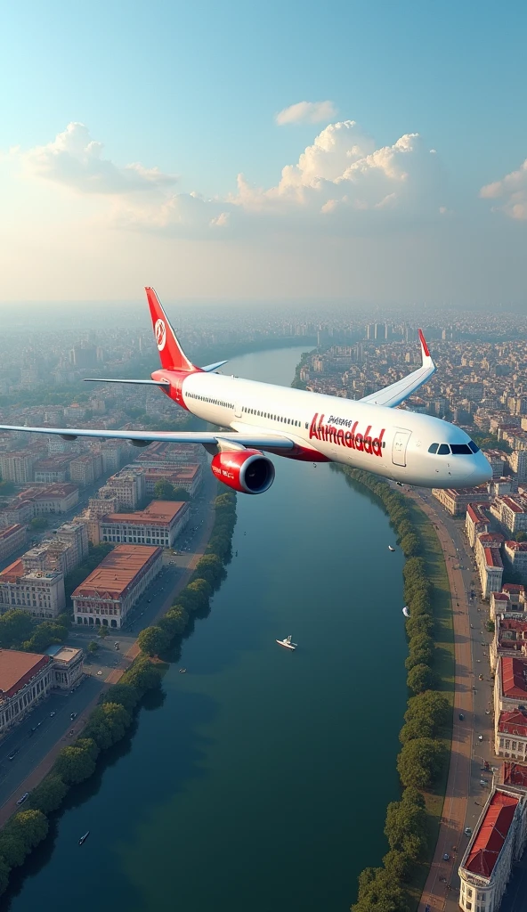 Create a highly realistic image depicting a passenger airplane branded as 'Ahmedabad Airlines' soaring above the city of Ahmedabad. Ensure the aircraft is prominently visible with clear and distinct branding on its side. The aerial view should feature the cityscape of Ahmedabad, highlighting key landmarks, buildings, and the Sabarmati River. The scene is set during daylight with a bright, clear sky, enhancing the depth and connection between the airline and the city's vibrant landscape