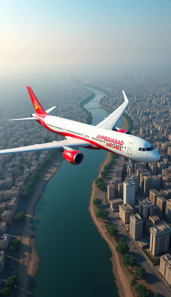 Create a highly realistic image depicting a passenger airplane branded as 'Ahmedabad Airlines' soaring above the city of Ahmedabad. Ensure the aircraft is prominently visible with clear and distinct branding on its side. The aerial view should feature the cityscape of Ahmedabad, highlighting key landmarks, buildings, and the Sabarmati River. The scene is set during daylight with a bright, clear sky, enhancing the depth and connection between the airline and the city's vibrant landscape