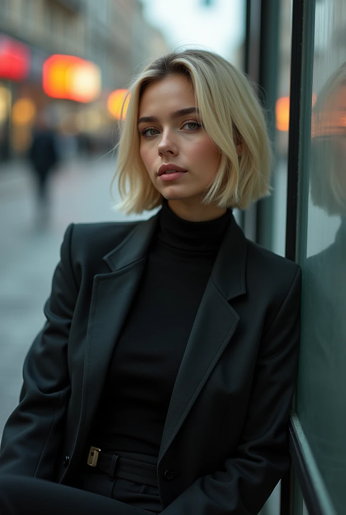 ((realistic lighting, best qualityer, 8k, work of art: 1.3)), Focus Clear: 1.2, 2 girl, perfect figure: 1.4, Skinny abs: 1.1, ((Short Blonde Bob Hair)), (posh, tailored suit and turtleneck: 1.4), Super thin face, thin eyes, Double eyelids, woman is posing while sitting at a bus stop on a street, inspired by Gina Pellón, instagramart, taquisma, violet myers, lorena avarez, olivia culpo, alanis guillen, looks like Laura Barriales, Sophie Mudd, ameera al taweel tanned, beautiful iranian woman, full - length portrait