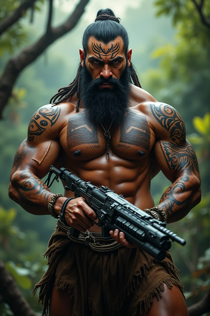 The man from borneo region with the tribe tattoo, a worrior look with the maori tattoo, in the right hand there is the futuristic weapon
