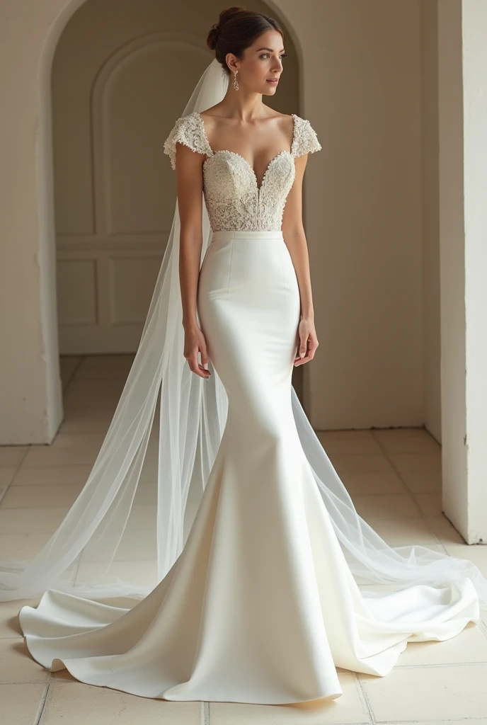 Bride wedding gown, puff sleeves, no depth broad neckline, slim fit unique dress,