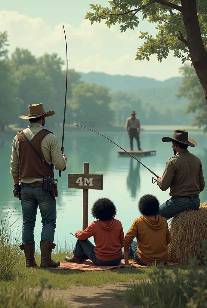 Create 3 adult fishermen fishing in a lake, 2 black curly haired twins smoking haystack, e um cowboy alto . detail, make a sign saying 4M