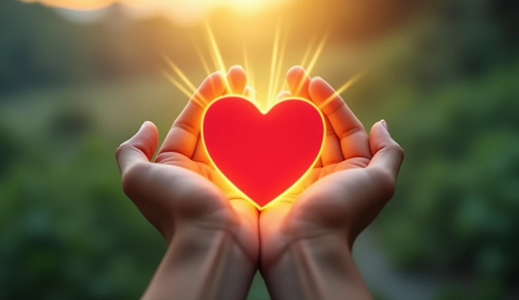 A close-up of a pair of hands holding a glowing heart symbol, with rays of light emanating from it. Background is a blurred, peaceful landscape with soft greens and blues, suggesting tranquility. Use contrasting colors like deep red for the heart and bright yellow for the light. Text overlay at the top reads "Milagres e curas!" in large letters, with "ORAÇÃOPODEROSA" in smaller letters below. The style should be modern with a slight artistic flair, incorporating a gentle bokeh effect to enhance the focus on the hands. The emotion conveyed should be warmth and hope. --ar 16:9 --v 5 --style "modern, artistic, hopeful"