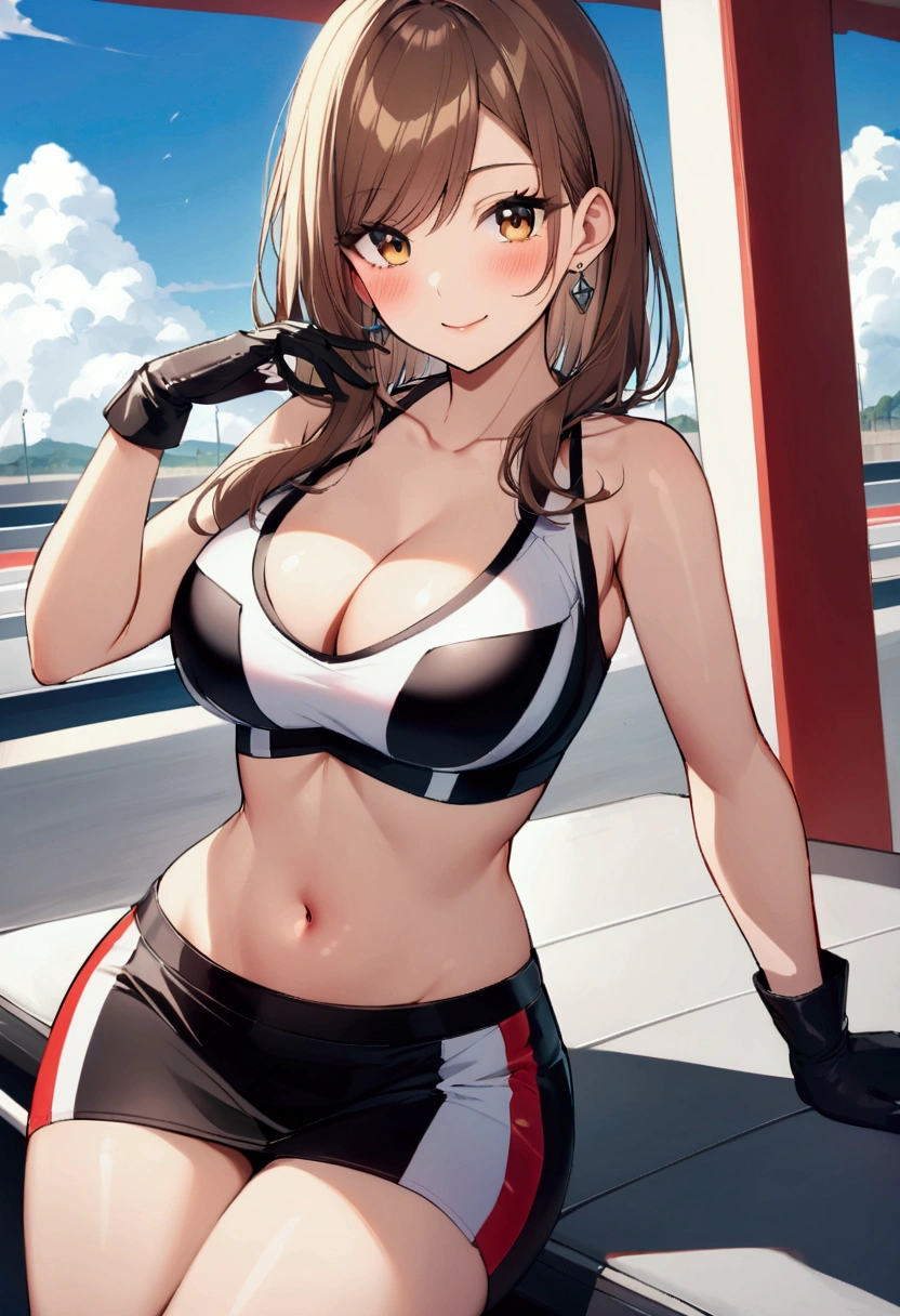 slender, mature female,rating:safe, breasts, 1girl, brown_hair, long_hair, smile, skirt, cleavage, sleeveless, miniskirt, crop_top, brown_eyes, bare_shoulders, large_breasts, midriff, sitting, navel, stomach, cloud, looking_at_viewer, gloves, sleeveless_shirt, bangs, earrings, solo, black_skirt, collarbone, day, sky, shirt, pencil_skirt, blue_sky, thighs, race_queen, jewelry, shorts, outdoors, closed_mouth, blurry, black_gloves, medium_breasts, sports_bra, hand_up, black_shorts, eyebrows_visible_through_hair, blush, swept_bangs, arm_support, shadow