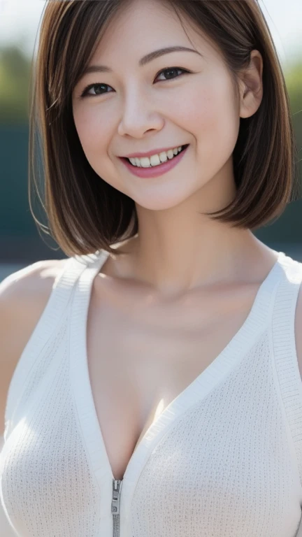 (8k、RAW Photos、Highest quality、masterpiece:1.2)、(Realistic、Realistic:1.37)、Ultra-high resolution、Photon Mapping、Physically Based Rendering、One Japan Married Woman、(Brunette:1.3)、Bob Hair、Detailed face、Detailed eyes、Are standing、Look at the viewers、(That little smile is cute, isn't it?:1.2)、(happiness)、Healing and cute、(tennis field:1.2)、(evening:1.2)、、Open Sports Jacket、White tank top、insufficient、(whole body:1.5)、Emphasize the chest、(Playing tennis:1.2)
