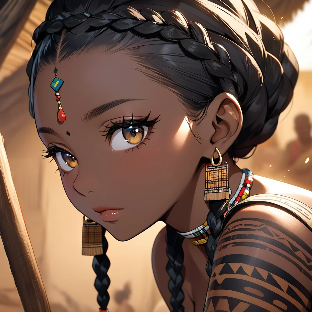 ((Highest quality)), ((masterpiece)), (detailed), （Perfect Face）、The woman has bright black skin、（Ghana braids with strong curly hair slicked back）、Black, dark skinned, African native tribal woman、The amount of hair is small、Black Hair、Very short curly hair、Ghana braid hair, finely and delicately braided into Ghana braids and slicked back、A black African woman with braided hair, low volume, tribal earrings and tribal accessories, beautifully dressed and wearing tribal makeup、A beautiful tribal woman with tattoos all over her body、Women in tribal village night rituals、The woman&#39;s hair is dyed black by the other women in the village and styled like an African woman&#39;s.