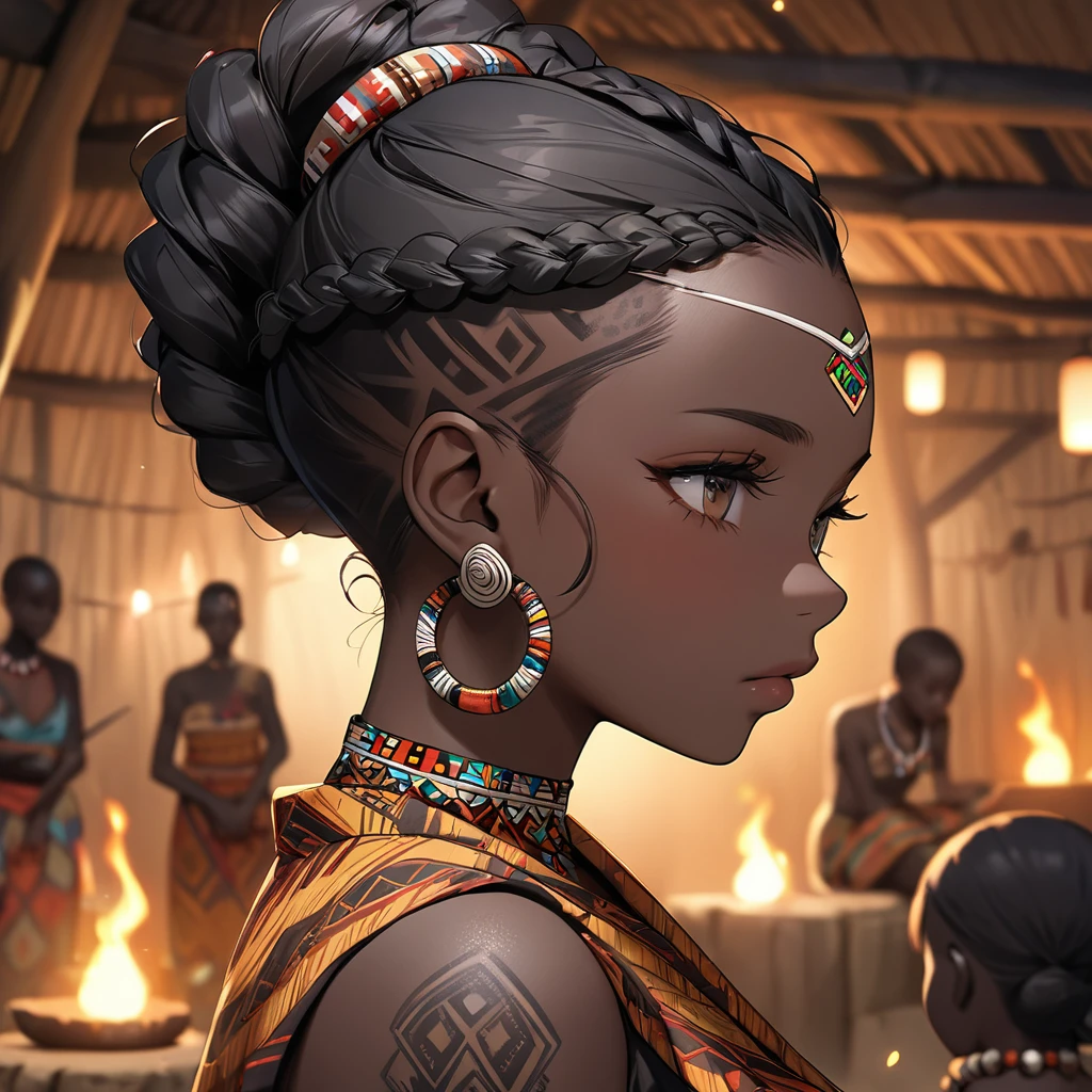 ((Highest quality)), ((masterpiece)), (detailed), (Perfect Face)、The woman has bright black skin、(Ghana braids with strong curly hair slicked back)、Black, dark skinned, African native tribal woman、The amount of hair is small、Black Hair、Very short curly hair、Ghana braid hair, finely and delicately braided into Ghana braids and slicked back、A black African woman with braided hair, low volume, tribal earrings and tribal accessories, beautifully dressed and wearing tribal makeup、A beautiful tribal woman with tattoos all over her body、Women in tribal village night rituals、The woman's hair is dyed black by the other women in the village and styled like an African woman's.
