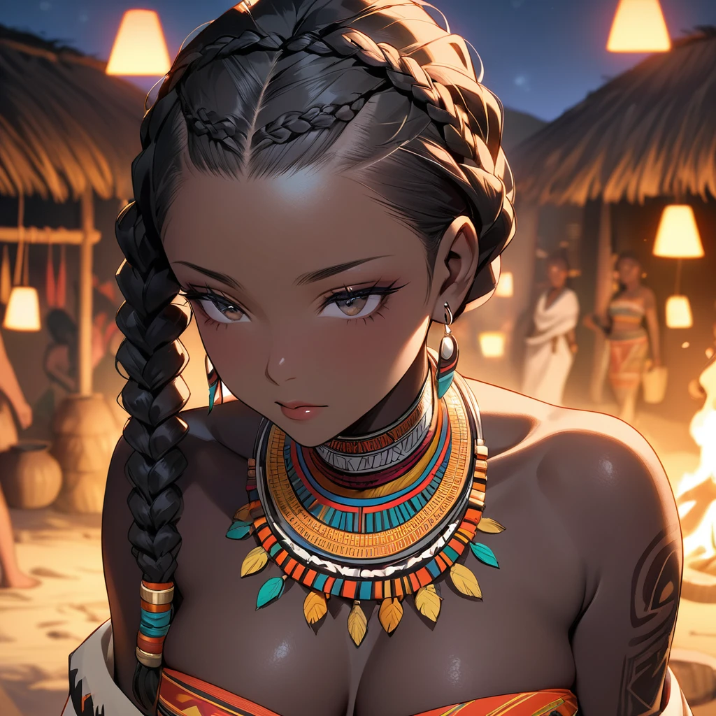 ((Highest quality)), ((masterpiece)), (detailed), (Perfect Face)、The woman has bright black skin、(Ghana braids with strong curly hair slicked back)、Black, dark skinned, African native tribal woman、The amount of hair is small、Black Hair、Very short curly hair、Ghana braid hair, finely and delicately braided into Ghana braids and slicked back、A black African woman with braided hair, low volume, tribal earrings and tribal accessories, beautifully dressed and wearing tribal makeup、A beautiful tribal woman with tattoos all over her body、Women in tribal village night rituals、The woman's hair is dyed black by the other women in the village and styled like an African woman's.