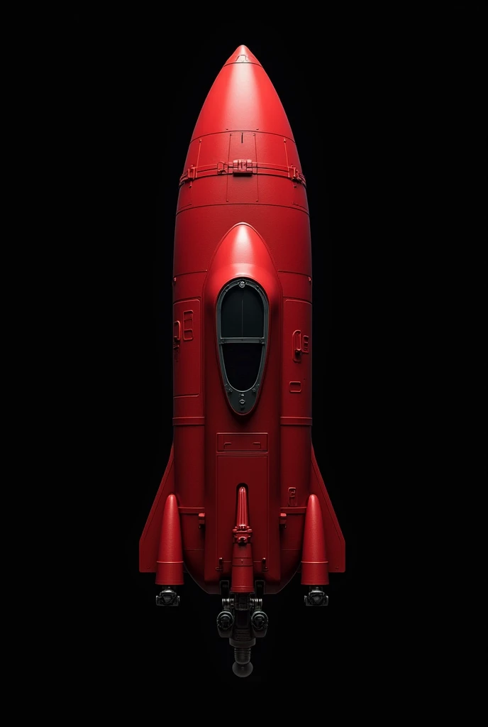 red spaceship, top view, black background.
