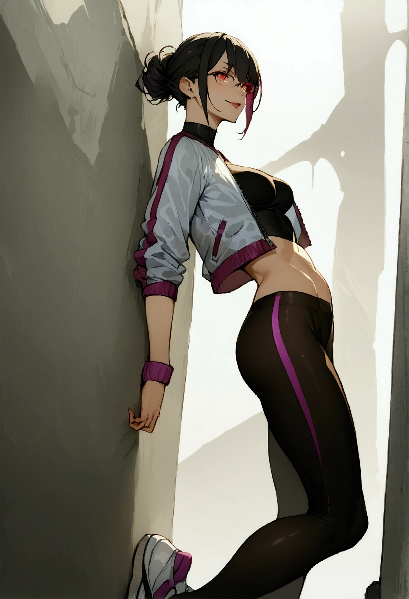 standing,alone,leaning against a wall with her back,work of art,short hair,work of art,face detailed,beautiful young fitness woman with , in a gym wearing May with black pantyhose, white and purple tight short gym jacket. standing alone,red eyes glowing,Evil smile,legging preto ,labiaa,dark eye shadow,shining eyes,a hand leaning against the wall,neckleace,jacket zipper half open,Tight black shirt,white sports tennis shoes,short hair with purple details,beautiful curves,whole body,hair with purple details,labiaa,detailed face and eyes,work of art,sexy look,pefil from sideways,from sideways,wind in your hair,fully body,glasses on eyes