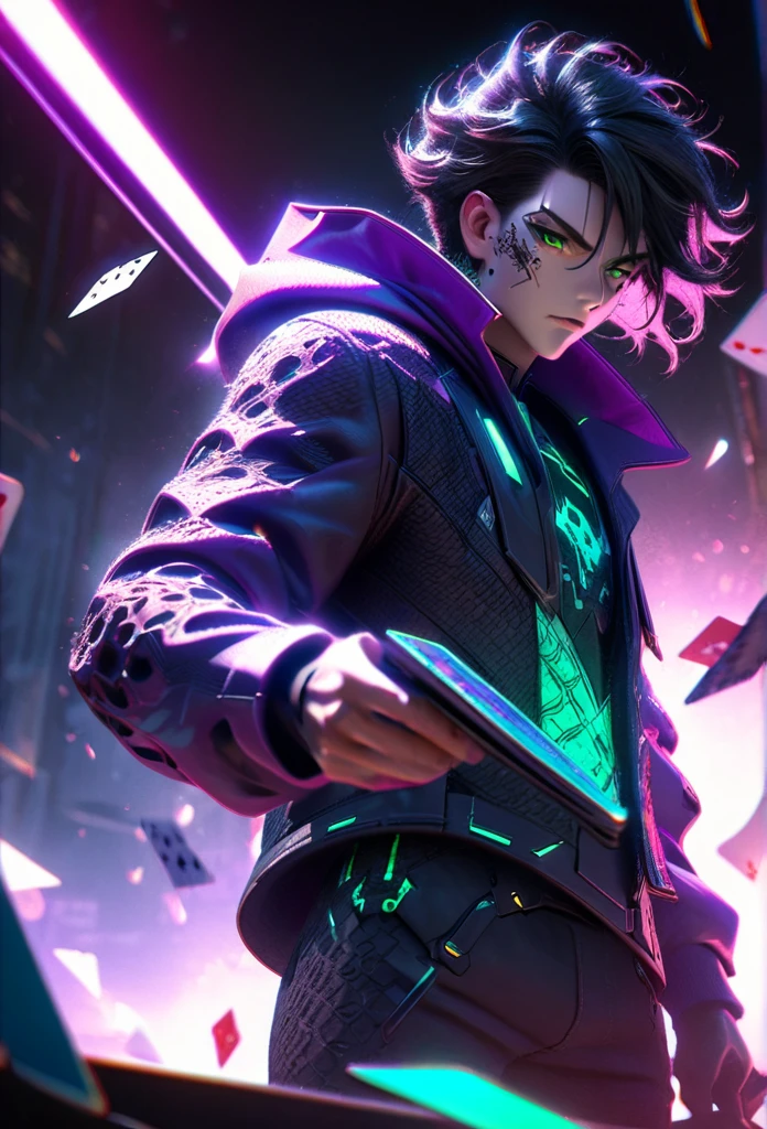 anime style, 1 man with short black hair and green eyes, wearing a black and purple hooded futuristic cyberpunk outfit, playing cards, intricate details, octane render, 8k, HDR, cinematic lighting, chiaroscuro, dramatic colors