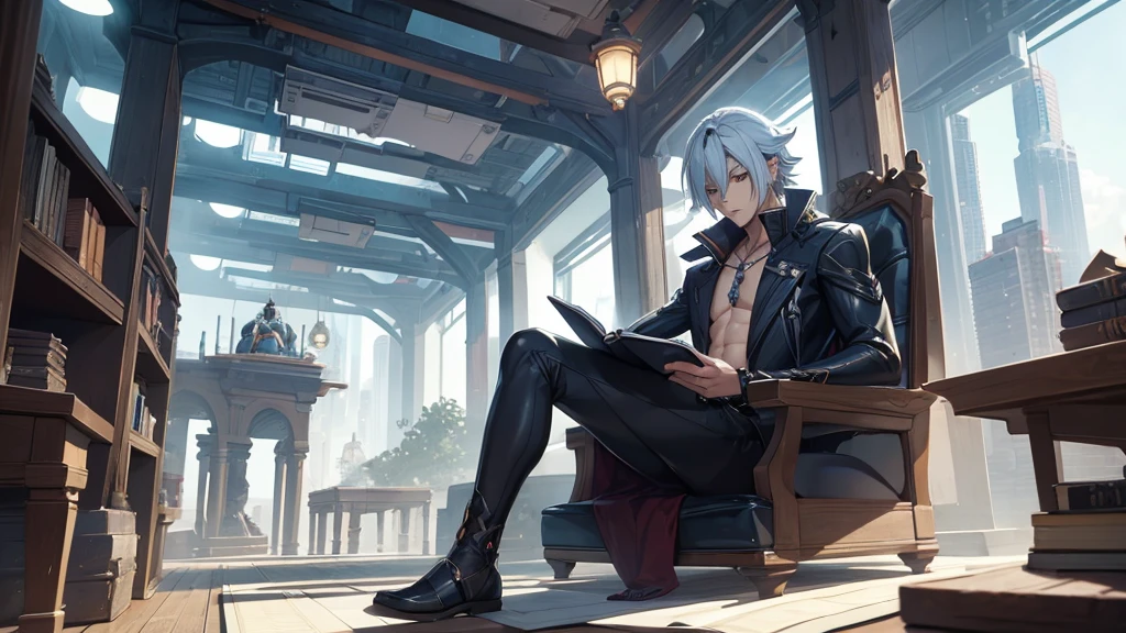 man writing a diary in a futuristic setting. He should have clothes and hair similar to Arlechinno from the game Genshin Impact.