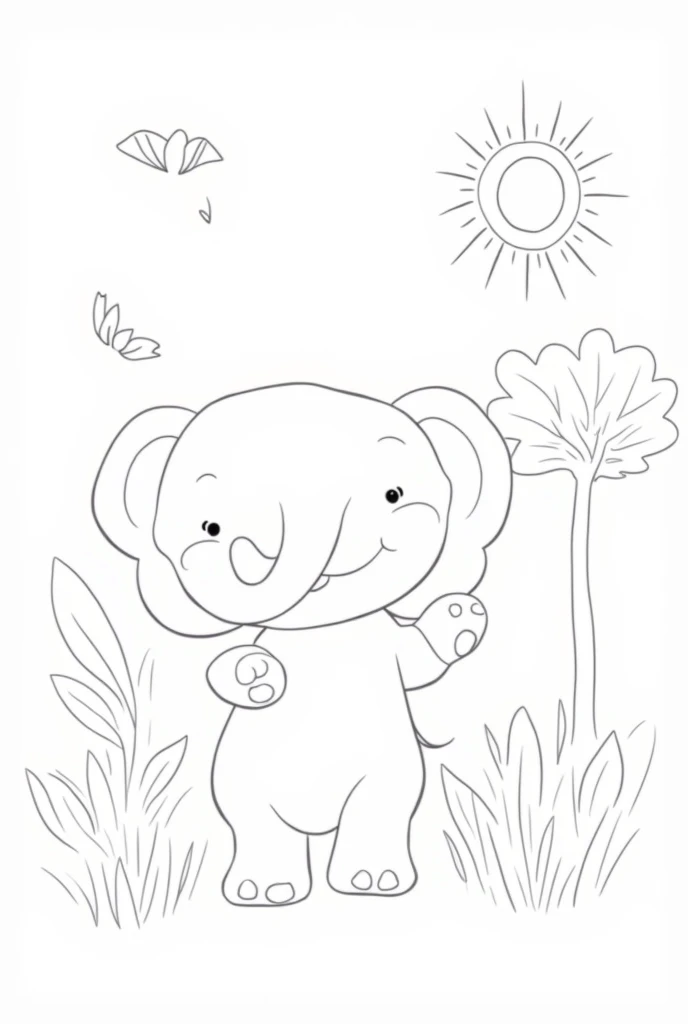 Create a line drawing of a playful elephant in a safari environment, designed for a coloring page . The elephant should have a cheerful expression and be holding its trunk up as if it is giving a cheerful “hello”. Add some simple elements around, like a tree with big leaves, a smiling sun in the sky, and some birds flying. Also include some small details, like flowers or bushes, to give a playful touch. Keep the outlines clear and spaced for easier coloring.