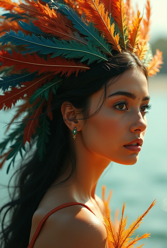 A light-skinned Indian woman with colorful feathers