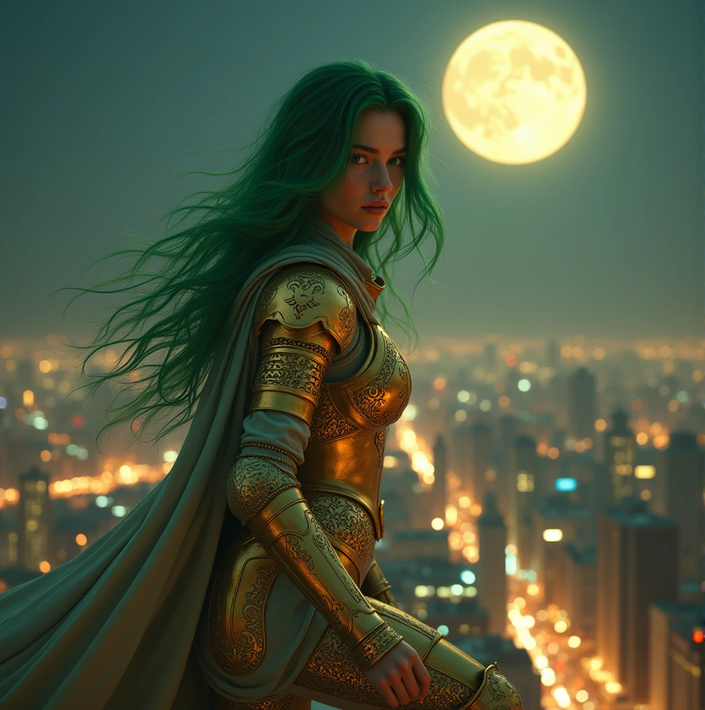 (Masterpiece, 4k resolution, ultra-realistic, very detailed), (Theme of knights of the zodiac, charismatic, there is a girl at the top of the city, wearing a golden gold armor Sagittarius knight, she is a superhero), [ ((20 years), (long green hair:1.2), full body, (green eyes:1.2), ((fighting pose),show of strength), ((sandy urban environment):0.8)| (cityscape, at night, dynamic lights), (full moon))