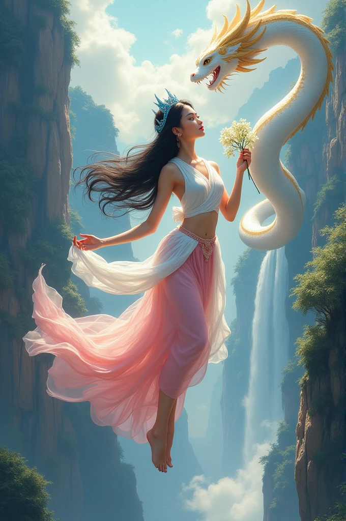 full lenght at night, full body image of a beautiful young woman in a white and pink Thai dress, wearing a white and pink sarong, long flowing black hair, wearing a small blue crown, flying half-floating down from the sky, holding a bunch of jasmine in her hand, surrounded by sparkling light, a masterpiece of art, seen in all directions, glowing, sparkling, beautiful, with a white and gold Thai Naga, a beautiful mountain and waterfall scene, a three-dimensional image, an oil painting, an art image by Ajarn Chalerm Chai
