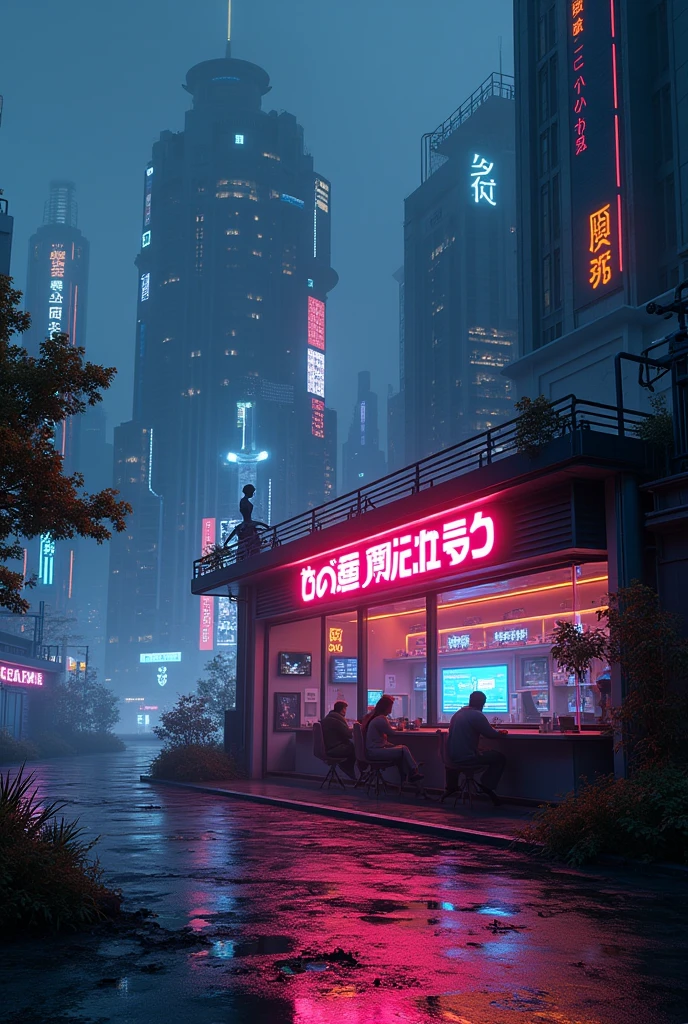 Internet cafe at night in a neon cyber city with no people 