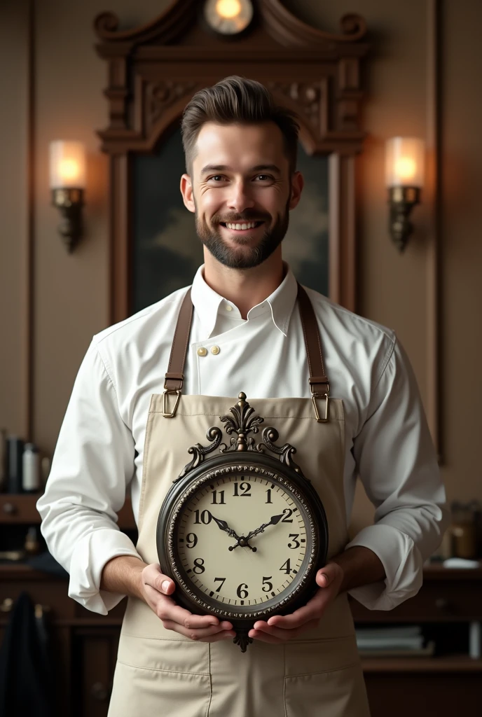 A handsome male barber wearing a white barber's apron standing facing and holding a wall clock.