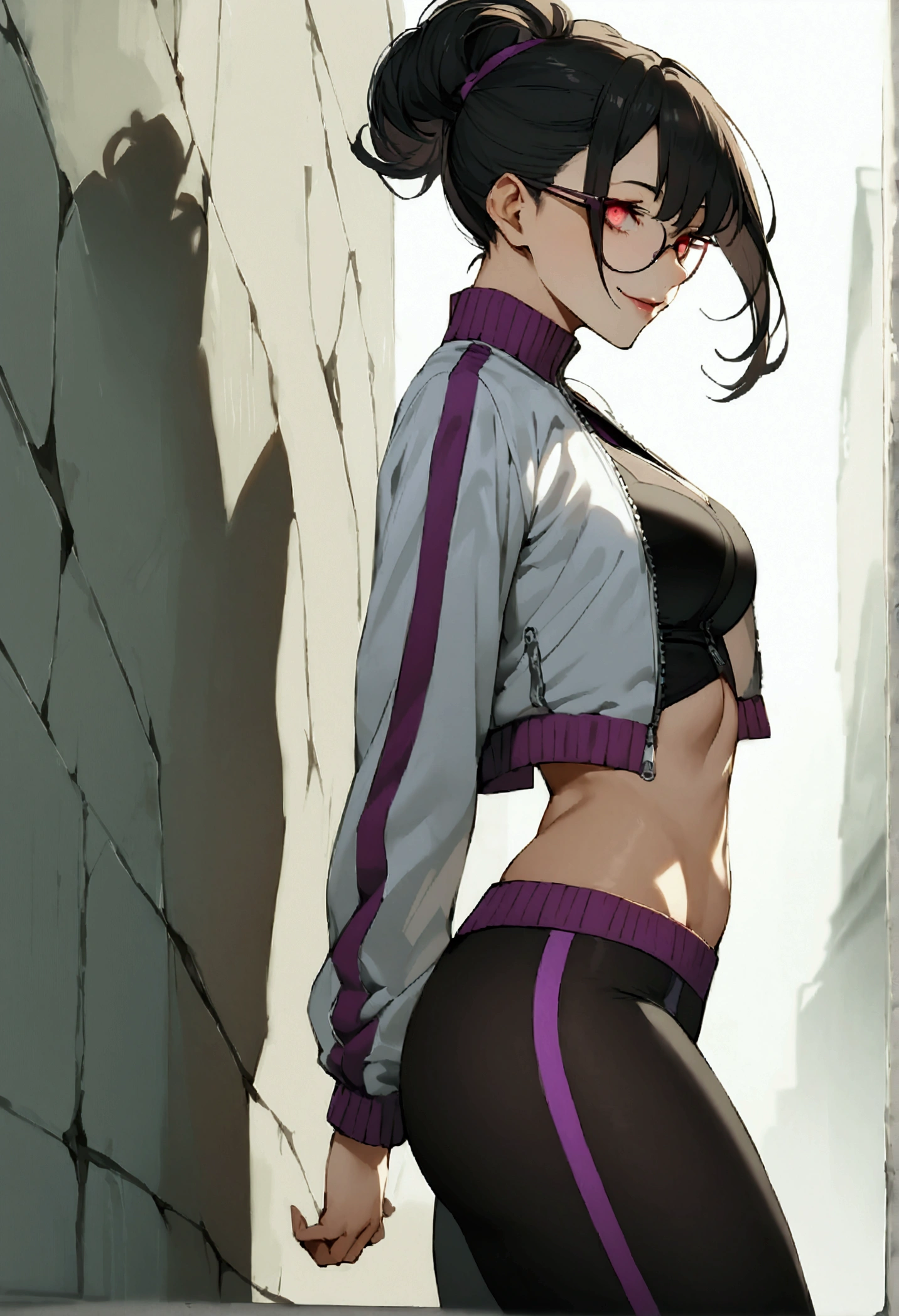 standing,alone,leaning against a broken wall,short hair,work of art,face detailed,beautiful young fitness woman with , in a gym wearing May with black pantyhose, white and purple tight short gym jacket. standing alone,red eyes glowing,Evil smile,legging preto ,labiaa,dark eye shadow,shining eyes,a hand leaning against the wall,neckleace,jacket zipper half open,Tight black shirt,white sports tennis shoes,short hair with purple details,beautiful curves,whole body,hair with purple details,labiaa,detailed face and eyes,work of art,sexy look,pefil from sideways,from sideways,wind in your hair,fully body,glasses on eyes
