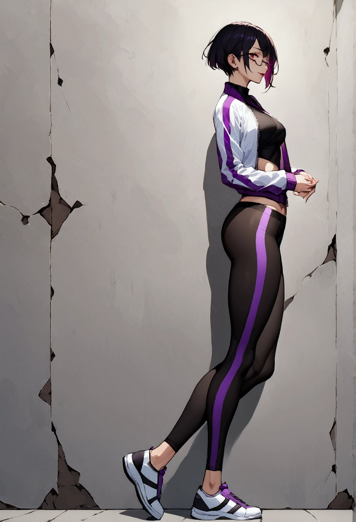 standing,alone,leaning against a broken wall,short hair,work of art,face detailed,beautiful young fitness woman with , in a gym wearing May with black pantyhose, white and purple tight short gym jacket. standing alone,red eyes glowing,Evil smile,legging preto ,labiaa,dark eye shadow,shining eyes,a hand leaning against the wall,neckleace,jacket zipper half open,Tight black shirt,white sports tennis shoes,short hair with purple details,beautiful curves,whole body,hair with purple details,labiaa,detailed face and eyes,work of art,sexy look,pefil from sideways,from sideways,wind in your hair,fully body,glasses on eyes
