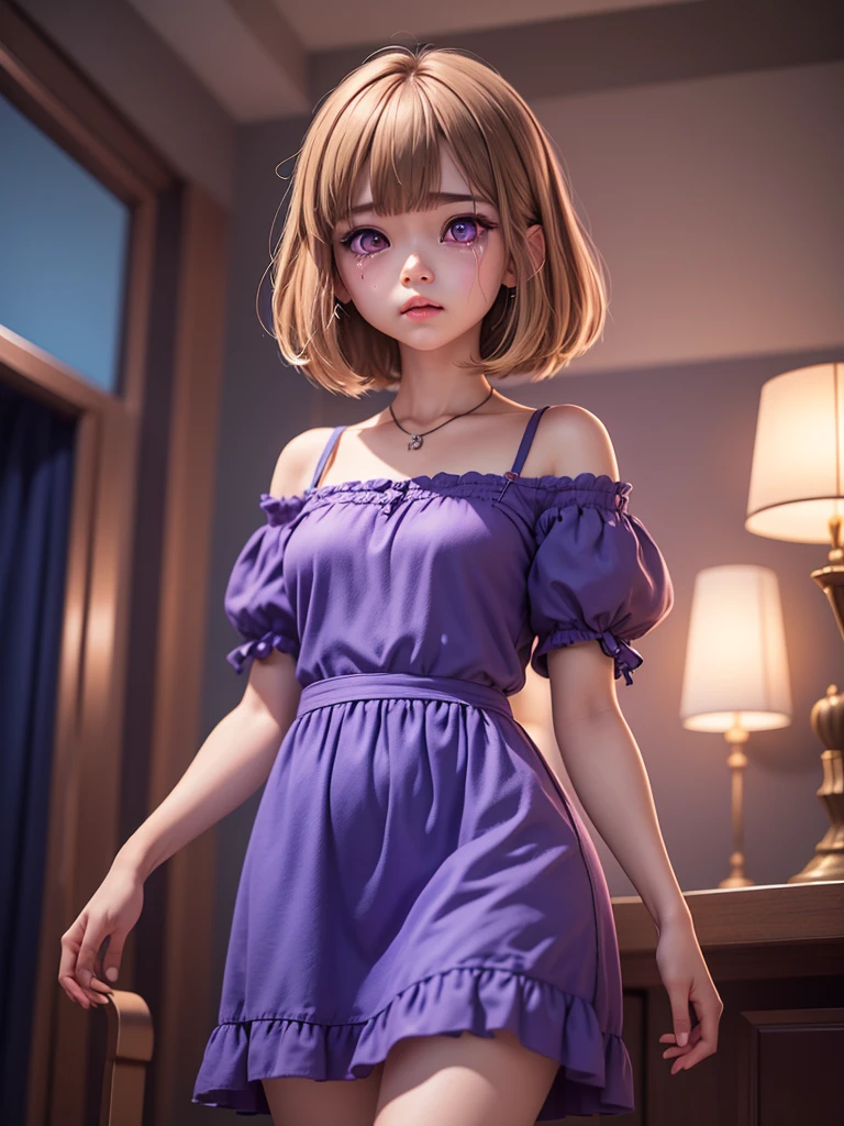 {{masterpiece, best quality, extremely detailed CG, unity 8k wallpaper, cinematic lighting}}, a cute thai girl, bob cut hair style, light brown hair color, swept bangs, beautifully purple eyes, purple and blue dress, very sad and crying, standing lonely.