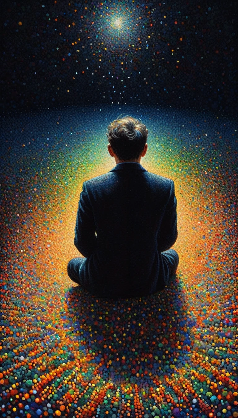 pointillism, a tormented genius contemplates the futility of things and concludes that everything is useless, micro dots representing blind spots, 8k, work of art, Brilliant composition, deep dark contrast, minimal use of colors