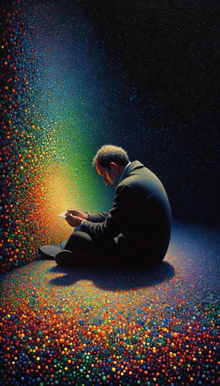 pointillism, a tormented genius contemplates the futility of things and concludes that everything is useless, micro dots representing blind spots, 8k, work of art, Brilliant composition, deep dark contrast, minimal use of colors