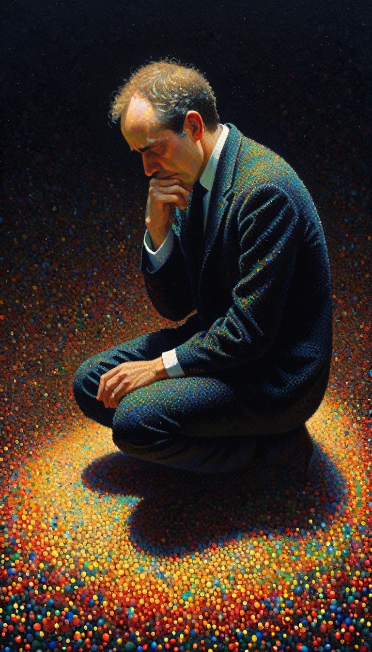 pointillism, a tormented genius contemplates the futility of things and concludes that everything is useless, micro dots representing blind spots, 8k, work of art, Brilliant composition, deep dark contrast, minimal use of colors