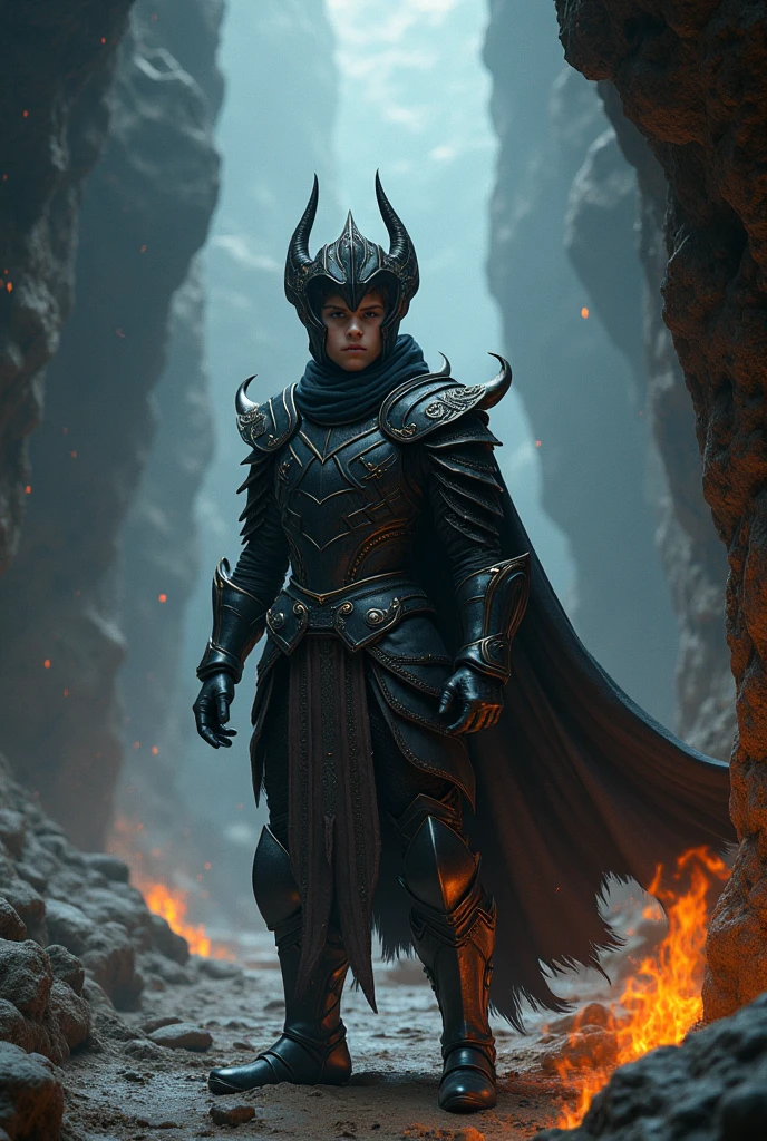 Create a image of a boy with black armour in a
labyrinthine cavern filled with traps and hazardous terrain. The cavern was a maze of twisting passages and hidden pitfalls. Appu used his powers strategicallyfire against the dragons fiery breath, ice for protection, wind for agility, and earth to navigate the labyrinth.