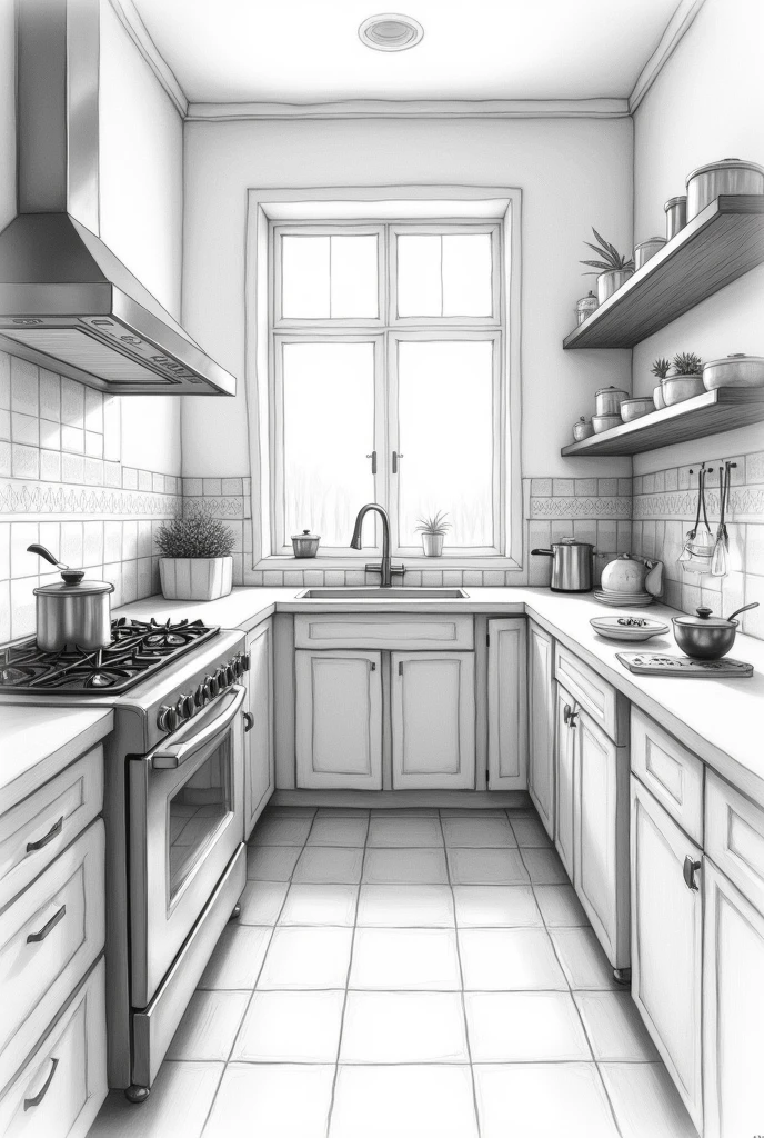 Draw me an image of a kitchen with a kitchen emergency, where the kitchen is staying calm. Do it in pencil, without any people in the kitchen.
