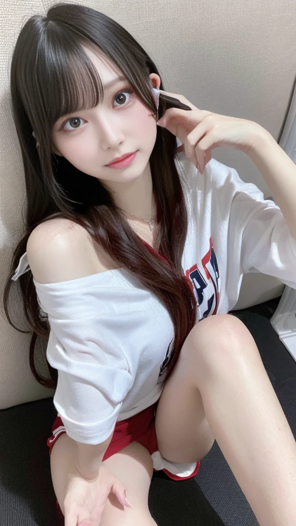One girl, solo, Long Hair, smile, High resolution, masterpiece, accurate, Anatomically correct, Winner of numerous awards, 最high quality, High detail, Damaged, High-resolution model, high quality, Very detailed, Textured skin, Ultra high definition, Super large breasts, Background blur, Chiaroscuro, movieの光効果, Godley, movie, movie撮影, 

Sexy pose、Open your legs、straddle、

(jirai type girl:1.1), Off the shoulder、Oversized shirt、Ultra mini skirt、Beautiful thighs、Oval Face、Droopy eyes、(Red eyeliner), 