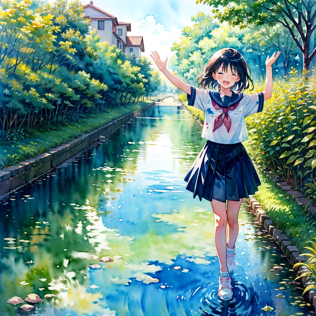 (masterpiece, best quality:1.2), kawaii, (2 girls:1.4), (cute:1.2), (watercolor style, anime:1.5),
(looking away:1.2)
BREAK
(seifuku, sneakers:1.2), (outdoor:1.2), full body, closed eyes, happy, cheerful smile, windy
BREAK
(Walk with arms outstretched and balanced:1.2), (walking on the levee:1.3)
BREAK
(small white boat:1.1), sea, twilight, blue skirt
