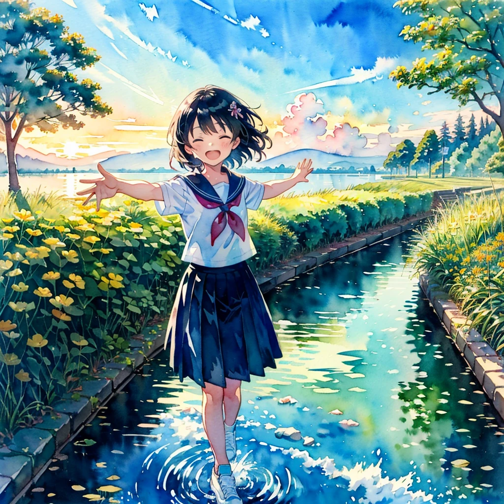 (masterpiece, best quality:1.2), kawaii, (2 girls:1.4), (cute:1.2), (watercolor style, anime:1.5),
(looking away:1.2)
BREAK
(seifuku, sneakers:1.2), (outdoor:1.2), full body, closed eyes, happy, cheerful smile, windy
BREAK
(Walk with arms outstretched and balanced:1.2), (walking on the levee:1.3)
BREAK
(small white boat:1.1), sea, twilight, blue skirt
