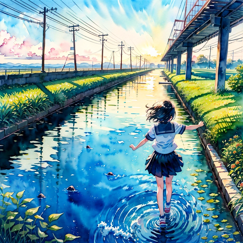 (masterpiece, best quality:1.2), kawaii, (2 girls:1.4), (cute:1.2), (watercolor style, anime:1.5),
(looking away:1.2)
BREAK
(seifuku, sneakers:1.2), (outdoor:1.2), full body, closed eyes, happy, cheerful smile, windy
BREAK
(Walk with arms outstretched and balanced:1.2), (walking on the levee:1.3)
BREAK
(small white boat:1.1), sea, twilight, blue skirt
