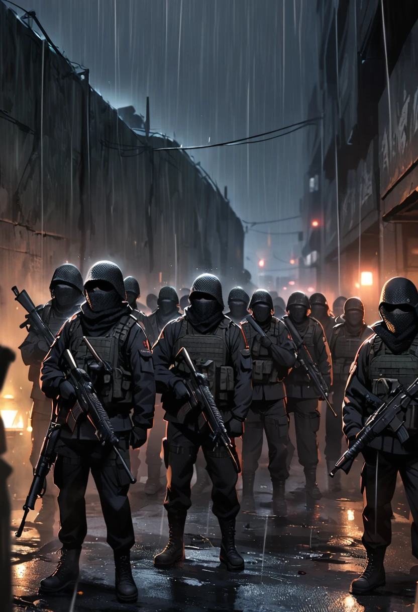 Black terrorists, terrorists, black balaclava, black clothes, army, dark place, night, rain