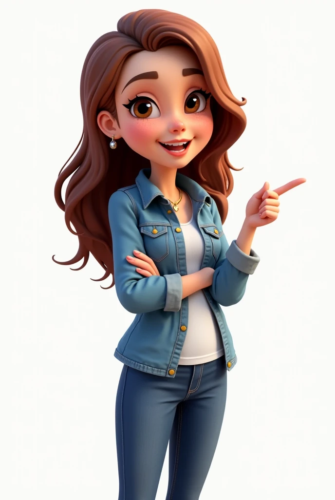 3D cartoon woman pointing finger full body isolated on transparent background denim jacket
