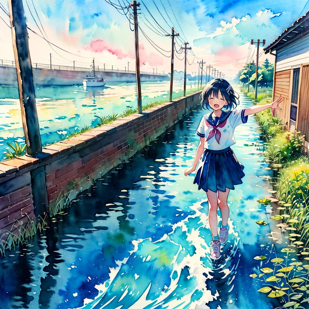 (masterpiece, best quality:1.2), kawaii, (2 girls:1.4), (cute:1.2), (watercolor style, anime:1.5),
(looking away:1.2)
BREAK
(seifuku, sneakers:1.2), (outdoor:1.2), full body, closed eyes, happy, cheerful smile, windy
BREAK
(Walk with arms outstretched and balanced:1.2), (walking on the levee:1.3)
BREAK
(small white boat:1.1), sea, twilight, blue skirt
