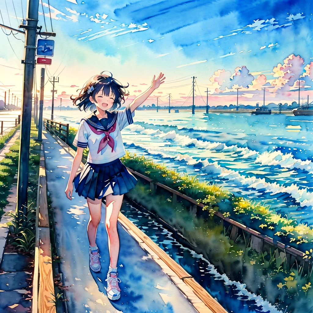 (masterpiece, best quality:1.2), kawaii, (2 girls:1.4), (cute:1.2), (watercolor style, anime:1.5),
(looking away:1.2)
BREAK
(seifuku, sneakers:1.2), (outdoor:1.2), full body, closed eyes, happy, cheerful smile, windy
BREAK
(Walk with arms outstretched and balanced:1.2), (walking on the levee:1.3)
BREAK
(small white boat:1.1), sea, twilight, blue skirt
