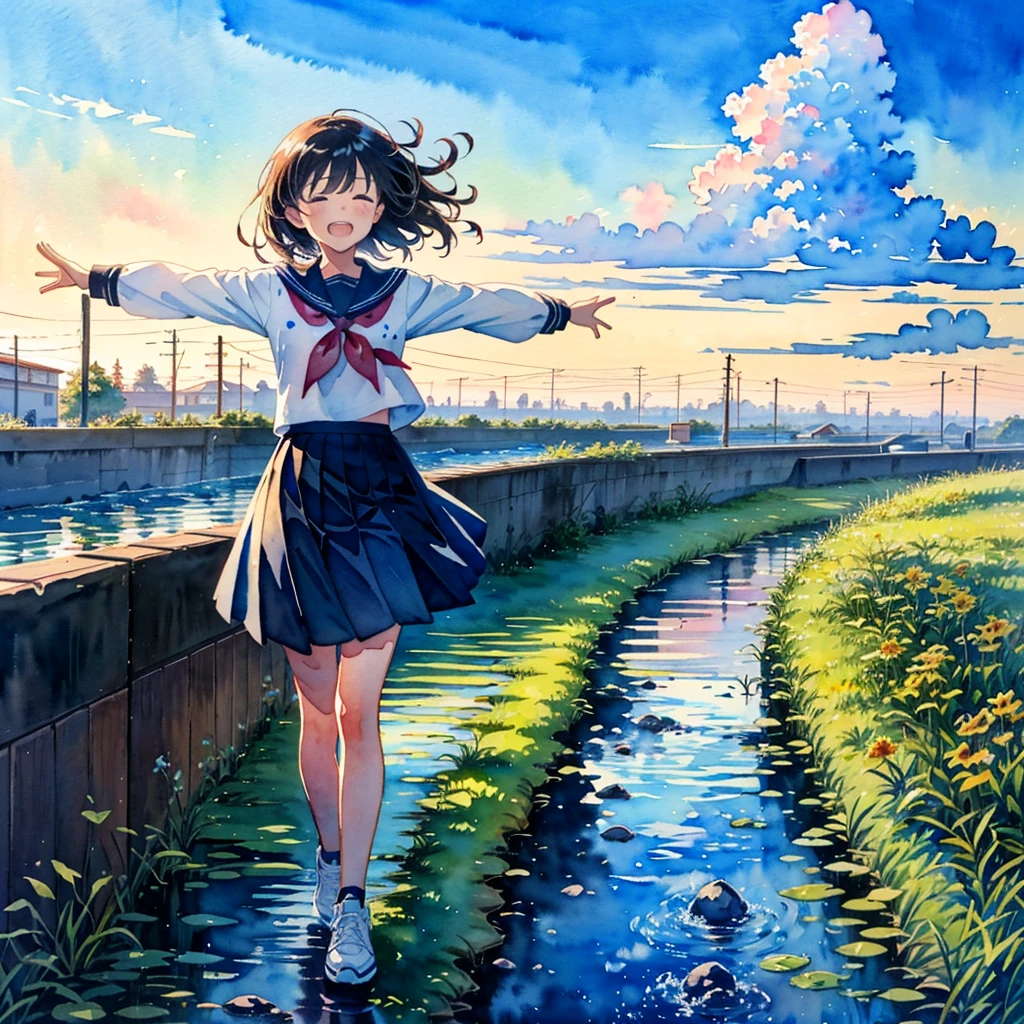 (masterpiece, best quality:1.2), kawaii, (2 girls:1.4), (cute:1.2), (watercolor style, anime:1.5),
(looking away:1.2)
BREAK
(seifuku, sneakers:1.2), (outdoor:1.2), full body, closed eyes, happy, cheerful smile, windy
BREAK
(Walk with arms outstretched and balanced:1.2), (walking on the levee:1.3)
BREAK
(small white boat:1.1), sea, twilight, blue skirt
