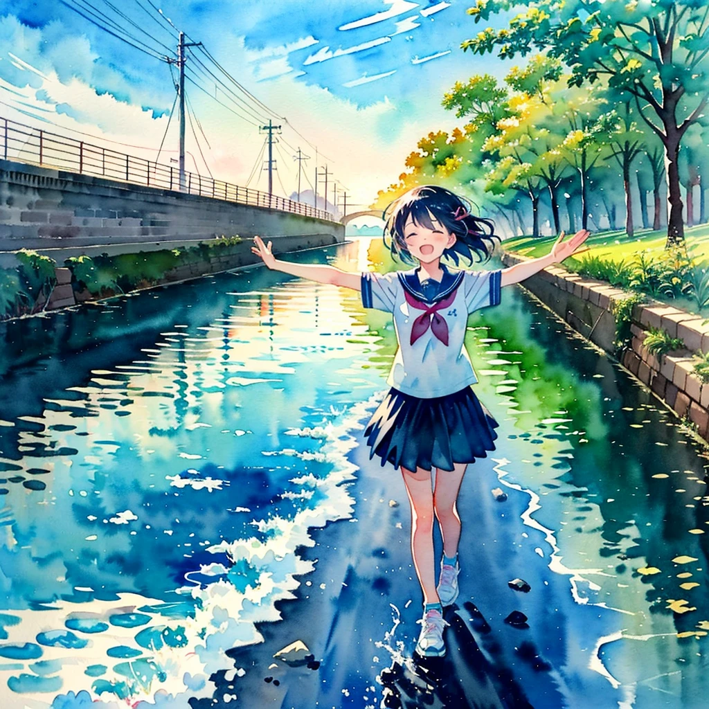 (masterpiece, best quality:1.2), kawaii, (2 girls:1.4), (cute:1.2), (watercolor style, anime:1.5),
(looking away:1.2)
BREAK
(seifuku, sneakers:1.2), (outdoor:1.2), full body, closed eyes, happy, cheerful smile, windy
BREAK
(Walk with arms outstretched and balanced:1.2), (walking on the levee:1.3)
BREAK
(small white boat:1.1), sea, twilight, blue skirt
