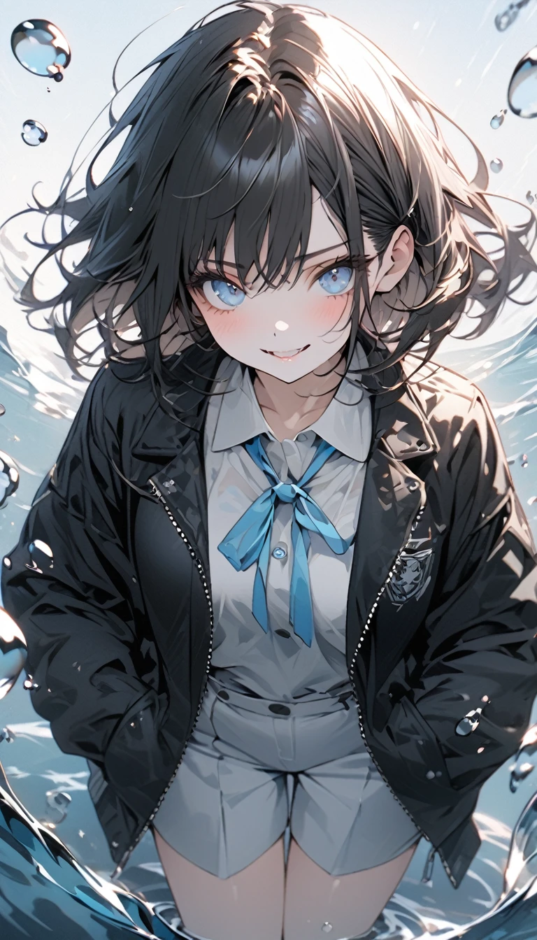 ((top-quality)), ((masterpiece)), ((Ultra-detail)), (extremely delicate and beautiful), girl with, solo, cold attitude,((Black jacket)),She is very(relax)with the(Settled down)Looks,A darK-haired, depth of fields,evil smile,Bubble, under the water, Air bubble,bright light blue eyes,Inner color with black hair and light blue tips,Cold background,Bob Hair - Linear Art, shortpants、knee high socks、White uniform like school uniform、Light blue ribbon ties、Clothes are sheer、Hands in pockets