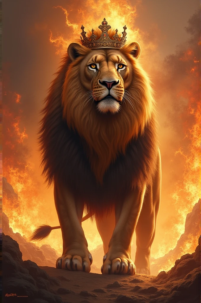 A lion with a crown and fires behind 