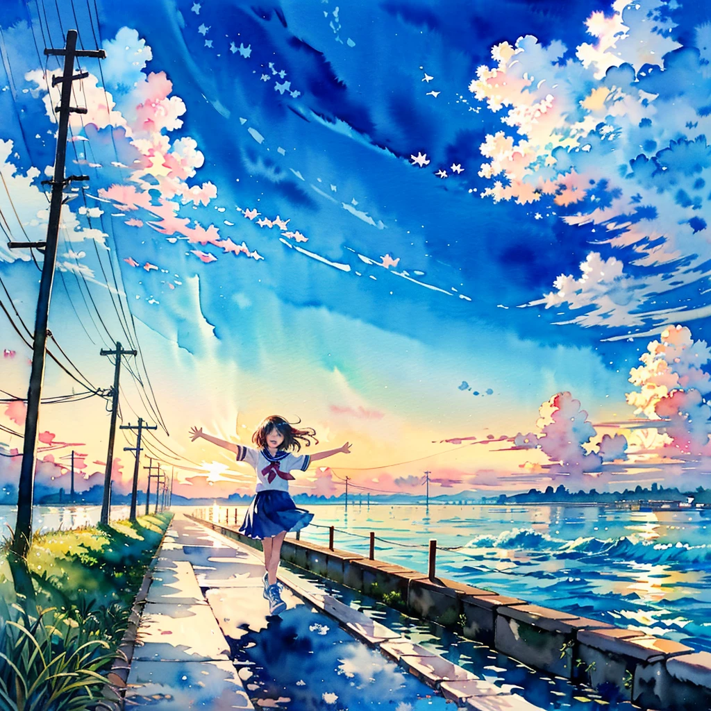 (masterpiece, best quality:1.2), kawaii, (2 girls:1.4), (cute:1.2), (watercolor style, anime:1.5),
(looking away:1.2)
BREAK
(seifuku, sneakers:1.2), (outdoor:1.2), full body, closed eyes, happy, cheerful smile, windy
BREAK
(Walk with arms outstretched and balanced:1.2), (walking on the levee:1.3)
BREAK
(small white boat:1.1), sea, twilight, blue skirt