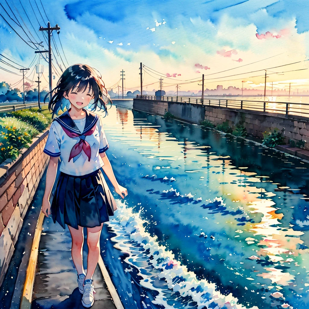 (masterpiece, best quality:1.2), kawaii, (2 girls:1.4), (cute:1.2), (watercolor style, anime:1.5),
(looking away:1.2)
BREAK
(seifuku, sneakers:1.2), (outdoor:1.2), full body, closed eyes, happy, cheerful smile, windy
BREAK
(Walk with arms outstretched and balanced:1.2), (walking on the levee:1.3)
BREAK
(small white boat:1.1), sea, twilight, blue skirt