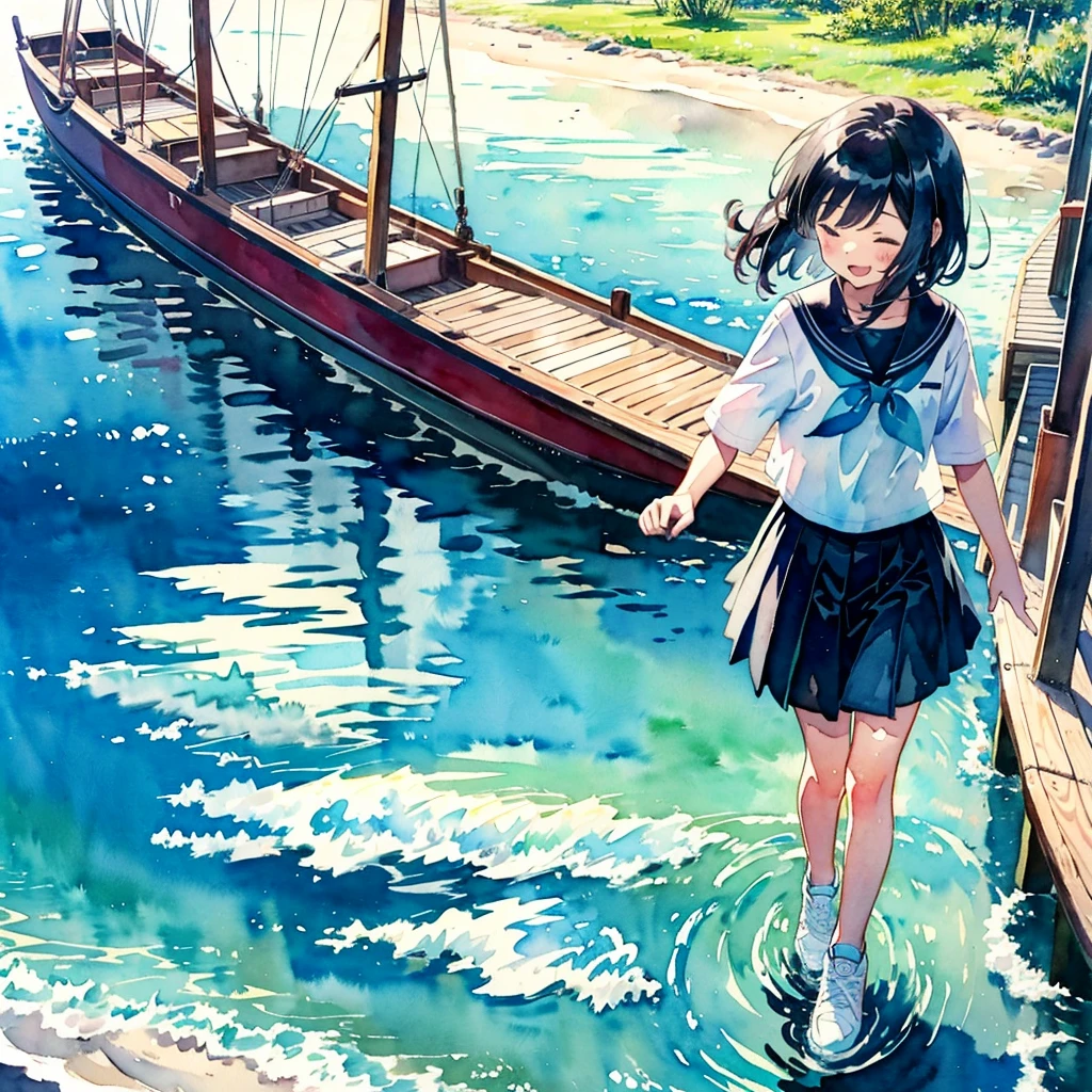 (masterpiece, best quality:1.2), kawaii, (2 girls:1.4), (cute:1.2), (watercolor style, anime:1.5),
(looking away:1.2)
BREAK
(seifuku, sneakers:1.2), (outdoor:1.2), full body, closed eyes, happy, cheerful smile, windy
BREAK
(Walk with arms outstretched and balanced:1.2), (walking on the levee:1.3)
BREAK
(small white boat:1.1), sea, twilight, blue skirt