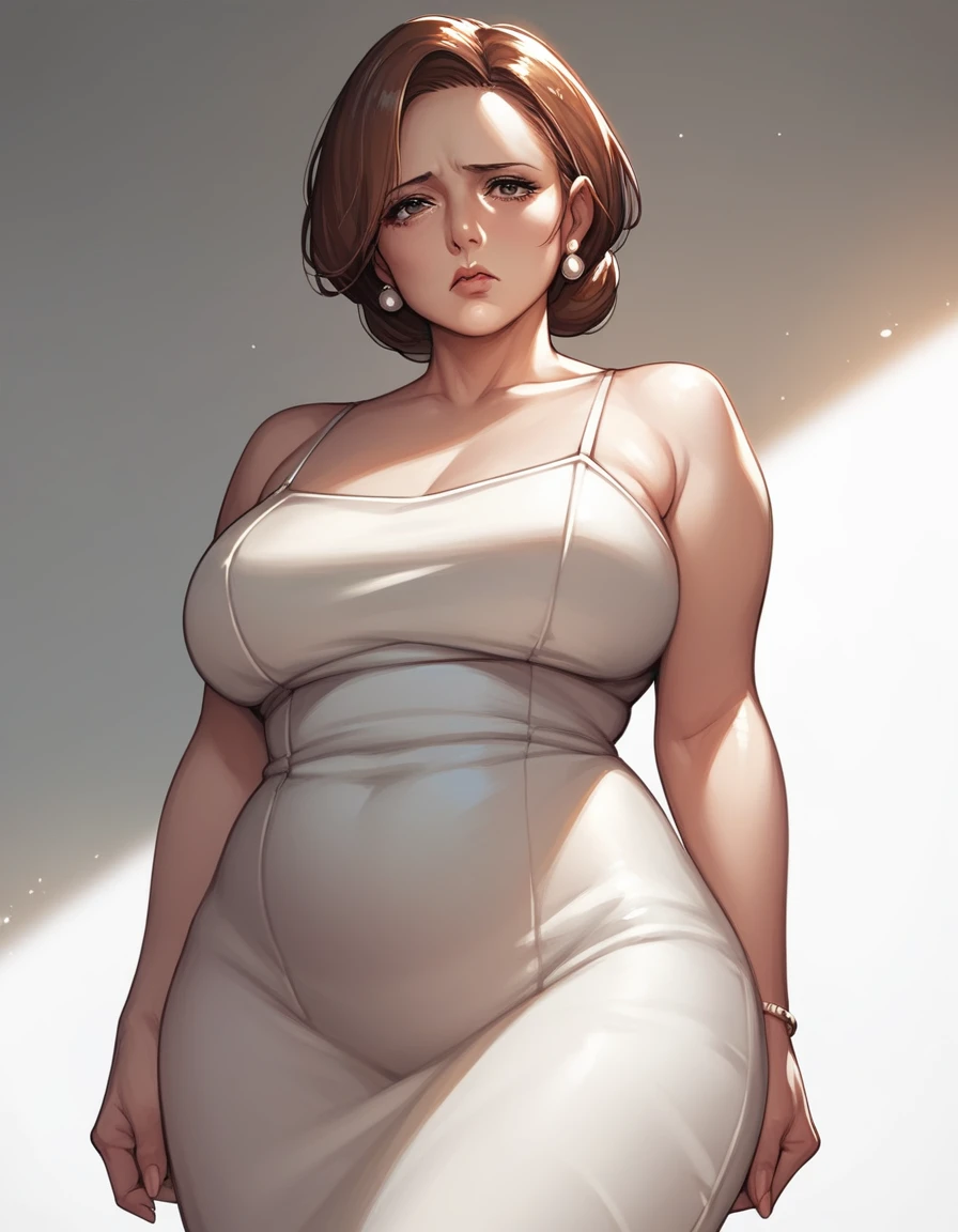 score_9, score_8_up, score_7_up, source_anime,1girl, mature female, brown hair, curvy mother, wide hips, normal breast, (sad expression:1.0), looking at viewer, standing, white dress, half complete body view