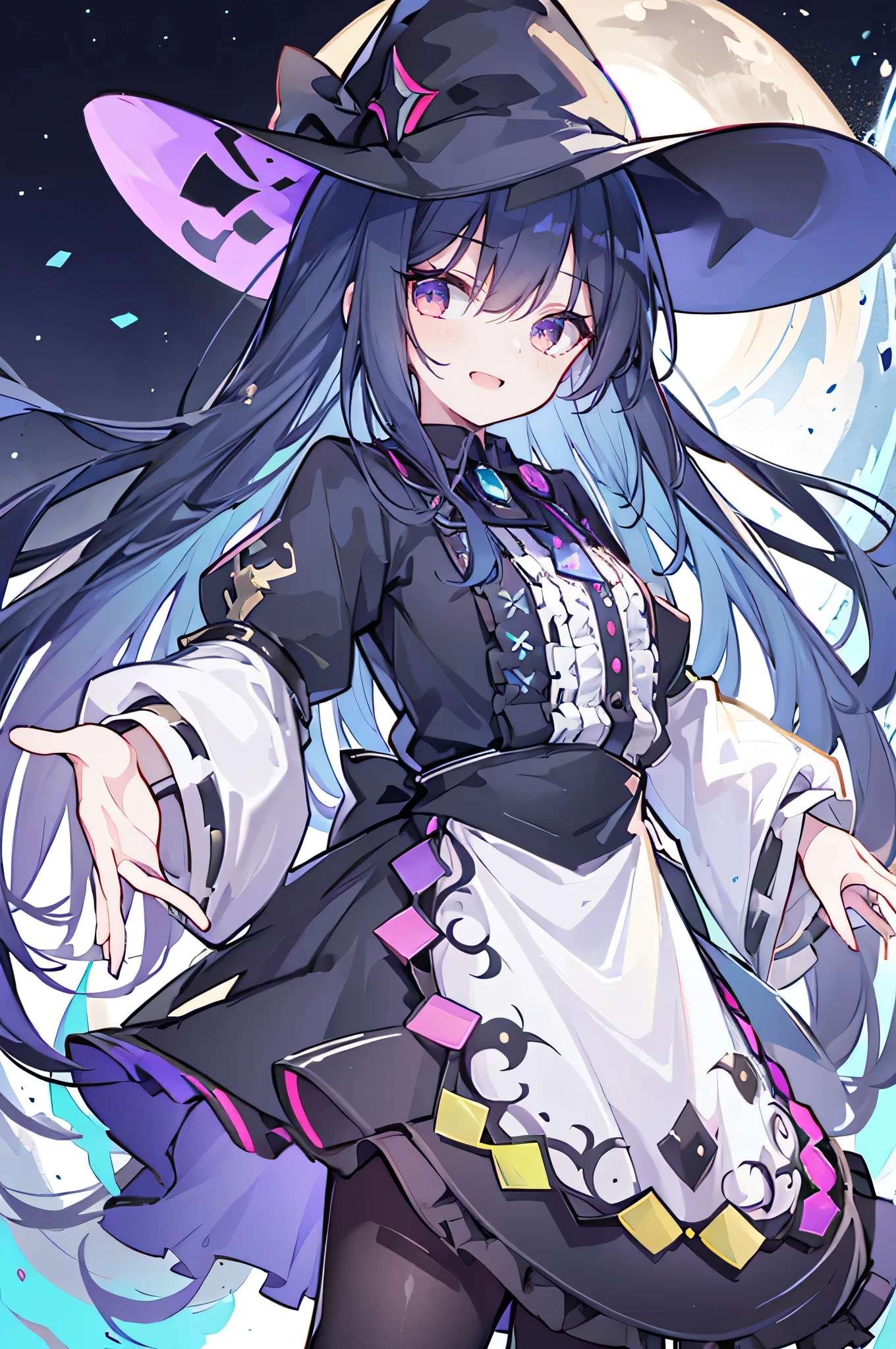 oung Girls,Humanity,A magician always smiles,big witch hat,cute,dark blue long hair,The eyes are dull,The bangs are heavy,Thin eyebrows,fantasy,intake,Double teeth,Star Theme,Constellation pattern,Solid color clothetal decoration,cloak,A bit of a dark atmosphere,A little crazy smile,When the big moon shines outside at night,blood,Hair black star embellishment,Short tie,No nails,High waist skirt,Bell sleeves,Long-sleeved shirt,Black tie,low risk,gentlemen。Mist、Yellow and white effect，Shocking pink as an accent color