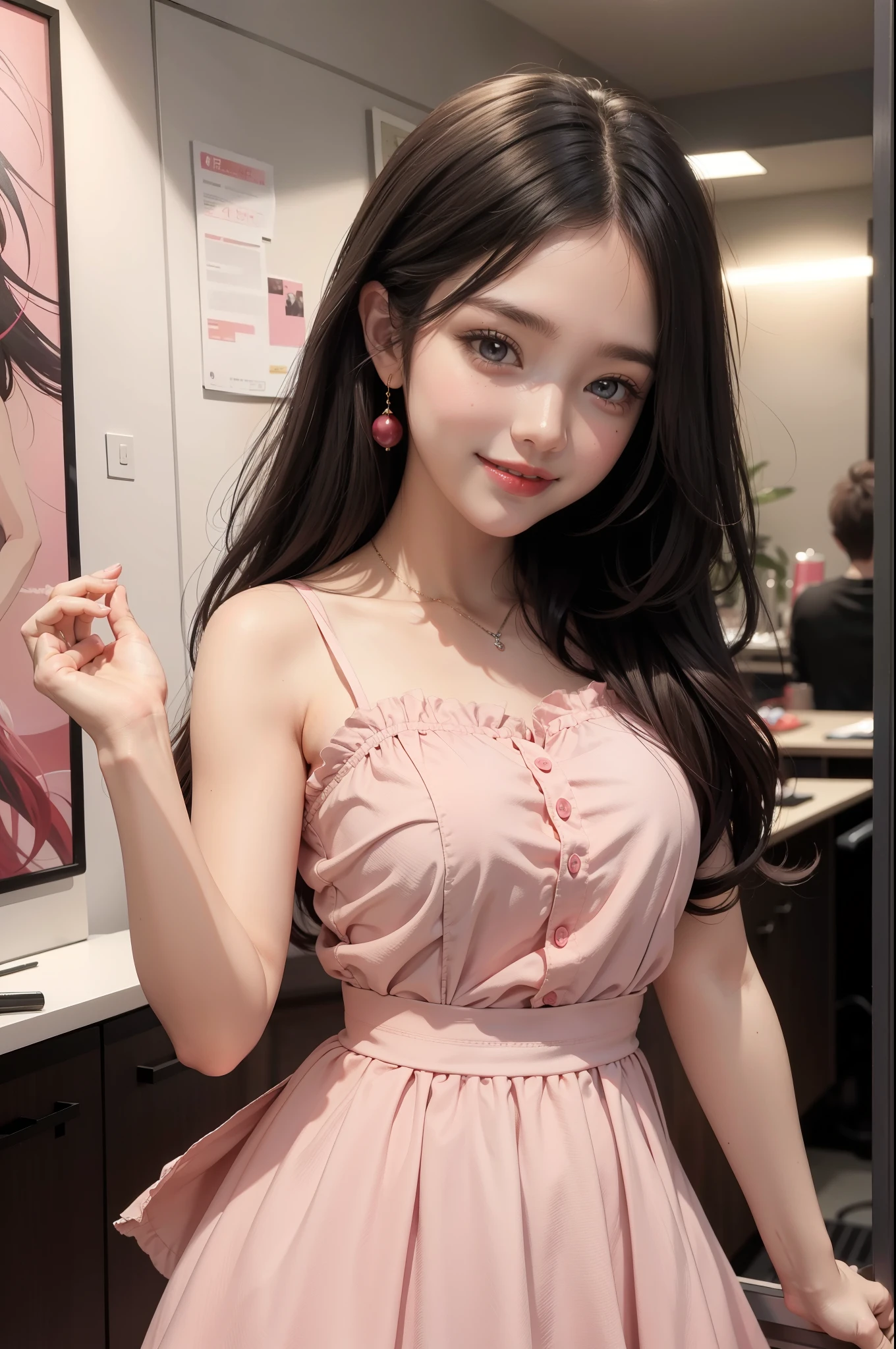 A beautuful anime girl, dark hair, pink skirt dress, red lips, smiling, looking very adorablae