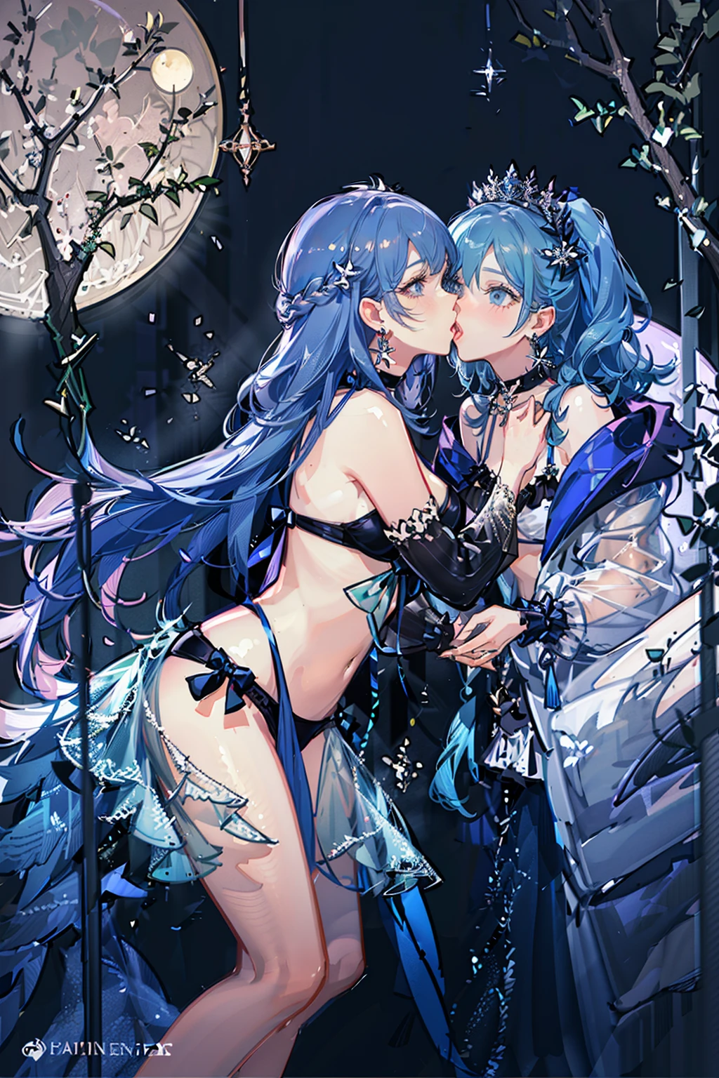 (high detail, high quality, best picture quality, masterpiece), multiple girls　from above　at a long distance　in a rule of thirds composition　Two cute Girls　Night sea　moon　moonlit sea　dark　Backlight　(The girl on the right is short and has a medium bust/Blue eyes/brown ponytail)　(The girl on the left is tall and has a large bust/Red eyes/purple hair/princess cut, long hair)　(Facing each other and holding hands)　(Place your other hand around the other persons waist)　(White or floral bikini)　shiny glossy iridescent clothes　shiny glossy latex gradient iridescent bikini　shiny reflective bikini　(((Close Face)))　((Face to Face))　((Kissing Soon))　Face to face　Gazing at each other　((Right before the kiss))　On the brink of kissing　Embarrassed expression　Blushing　Half-Closed Eyes　Wet body　(Choker or pendant)　(Earrings or pierced earrings)　Alternating Breast Size　Bouncing Breasts　Dangling Breasts　